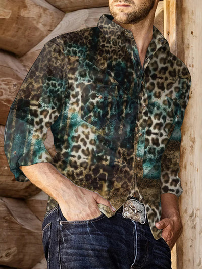 Men's Vintage Leopard Print Casual Long Sleeve Shirt