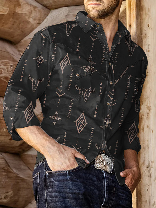 Men's Vintage Aztec Cow Print Casual Long Sleeve Shirt