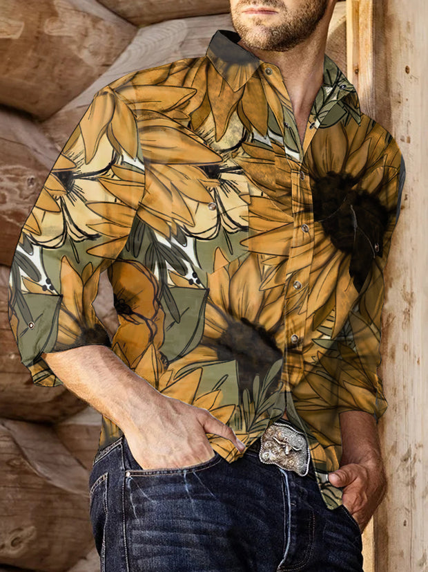 Men's Vintage Sunflowers Print Casual Long Sleeve Shirt