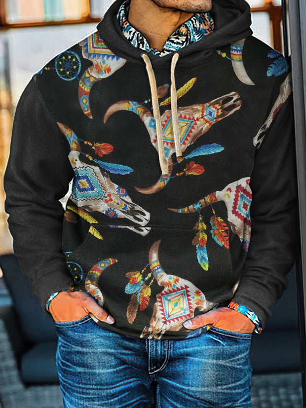 Western Style Bull Skull Print Casual Hoodie Sweatshirt