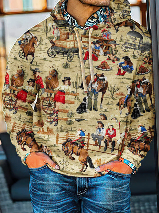 Western Style Cowboy And Cowgirl Print Casual Hoodie Sweatshirt