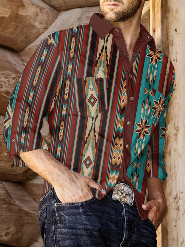 Men's Western Style Ethnic Pattern Print Casual Long Sleeve Shirt