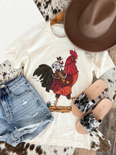 Unisex Cowboy And Rooster Print Casual Short Sleeves T-Shirt