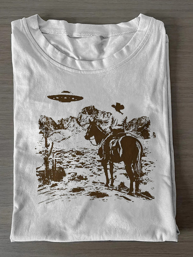 Unisex Western Cowboy UFO Print Casual Short Sleeves T-Shirt