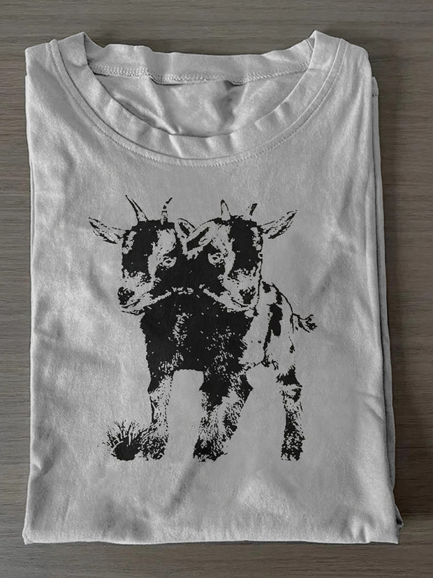 Unisex Two-Headed Cow Print Casual Short Sleeves T-Shirt