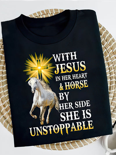 Unisex Horse With Jesus Print Casual Short Sleeves T-Shirt