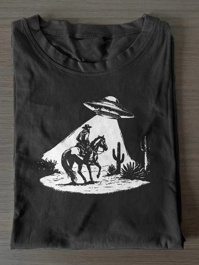 Unisex UFO And Cowboy Print Casual Short Sleeves T-Shirt