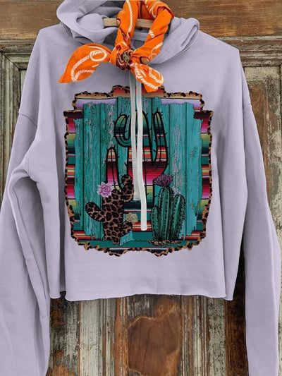 Women's Retro Cactus Printed Casual Fashion Long Sleeve Hoodie