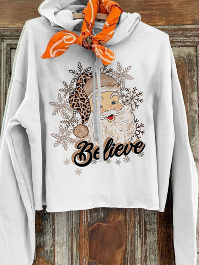 Women's Retro Leopard Print Santa Claus Print Casual And Fashionable Long Sleeved Hooded Sweatshirt