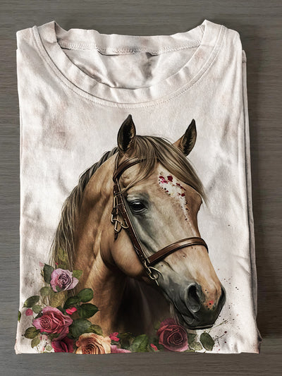 Unisex Horse Rose Print Casual Short Sleeves T-Shirt