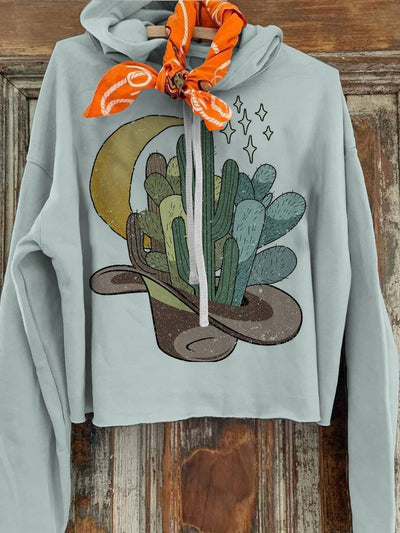 Women's Retro Cactus Printed Casual Fashion Long Sleeve Hoodie