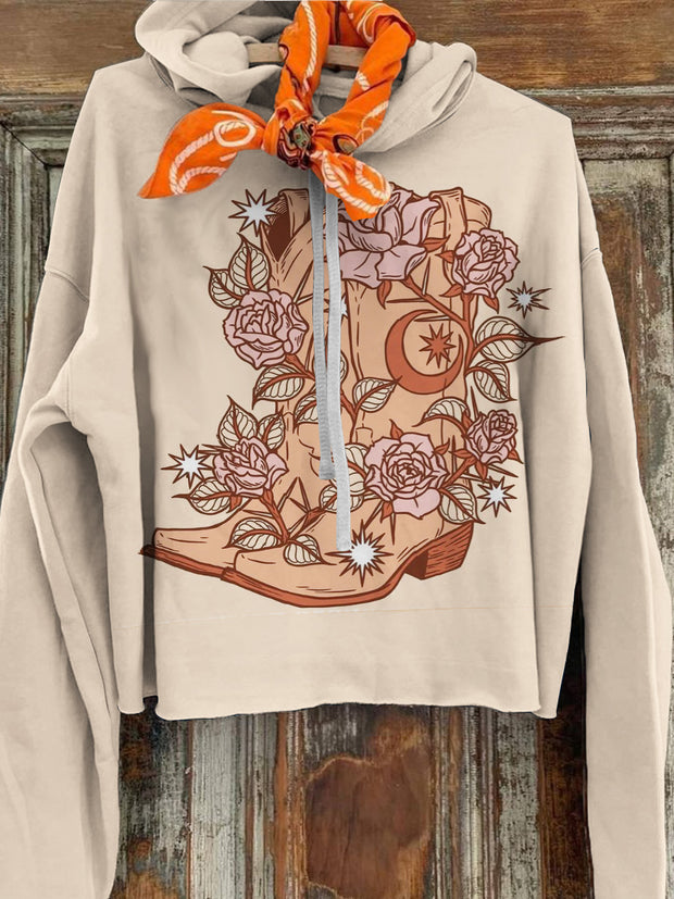 Women's Retro Rose Boots Printed Casual Fashion Long Sleeve Hoodie