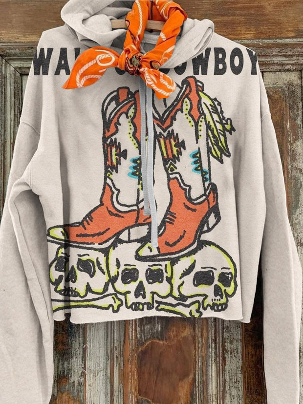 Women's Retro Skull Boots Printed Casual Fashion Long Sleeve Hoodie