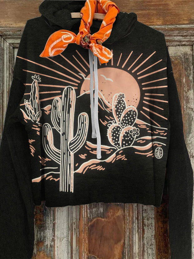 Women's Retro Cactus Printed Casual Fashion Long Sleeve Hoodie