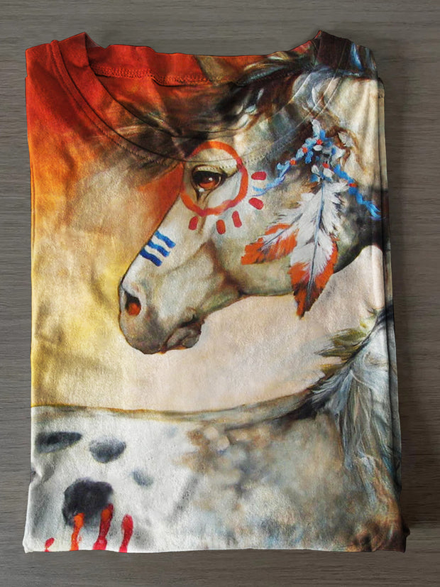 Unisex Retro Horse Print Casual Short Sleeves T-Shirt