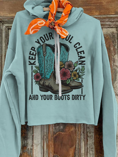 Women's Retro Boots Printed Casual Long Sleeve Hoodie