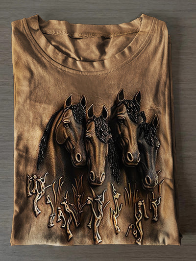 Unisex Horses Relief Print Casual Short Sleeves T-Shirt