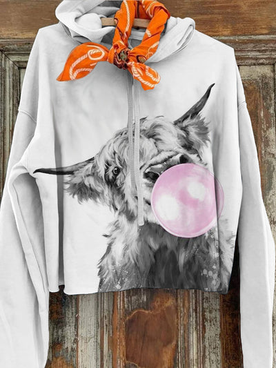 Women's Retro Cow Print Casual Long Sleeved Hooded Sweatshirt