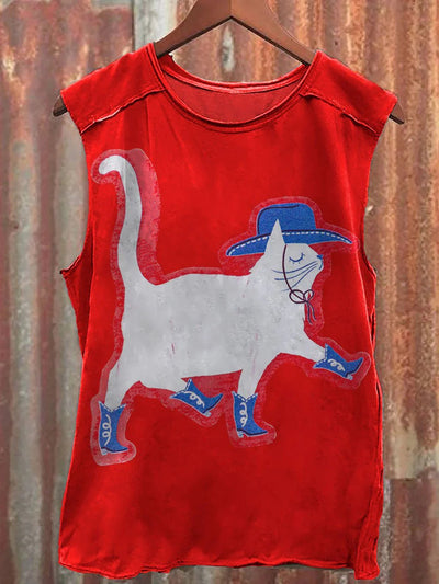 Western Denim Cat Print Casual Crew Neck Vest