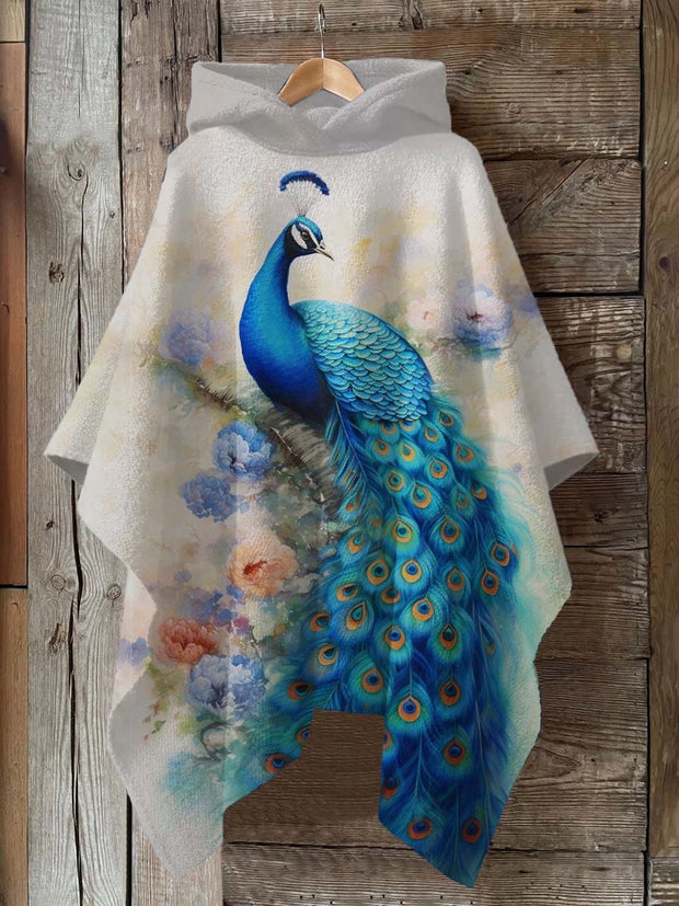 Flower Peacock Art Print Hooded Warm Shawl