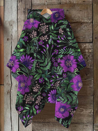 Plants and Flowers Print Hooded Warm Shawl