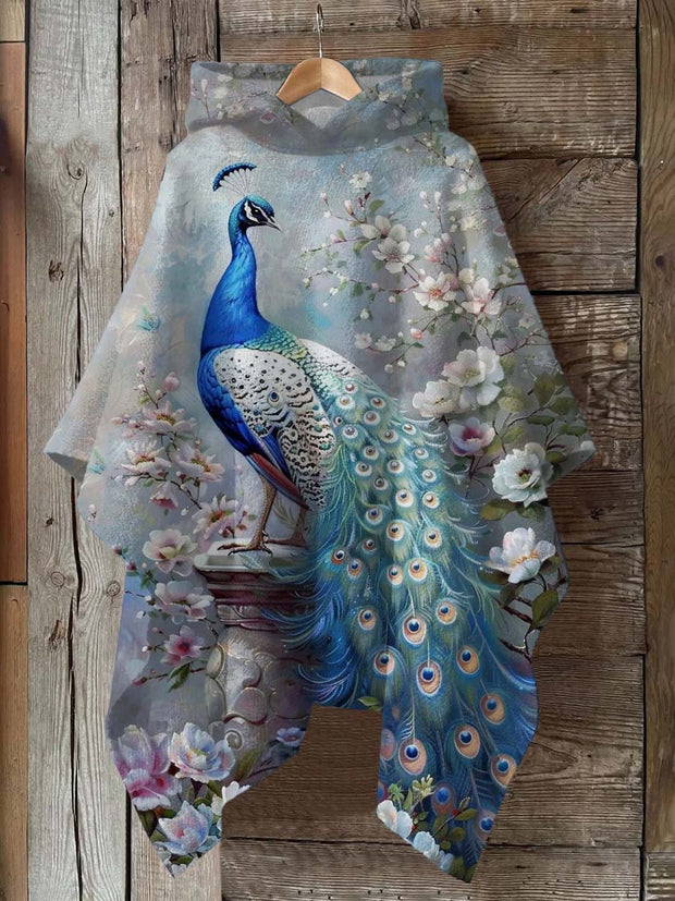 Flower Peacock Art Print Hooded Warm Shawl