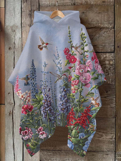 Floral And Bird Print Hooded Warm Shawl