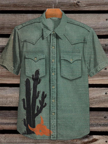 Unisex Western Cactus Bullhead Art Vintage Print Casual Cotton Shirt