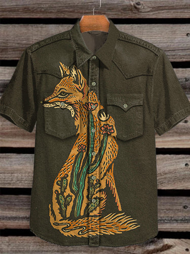 Unisex Western Fox Cactus Art Vintage Print Casual Cotton Shirt