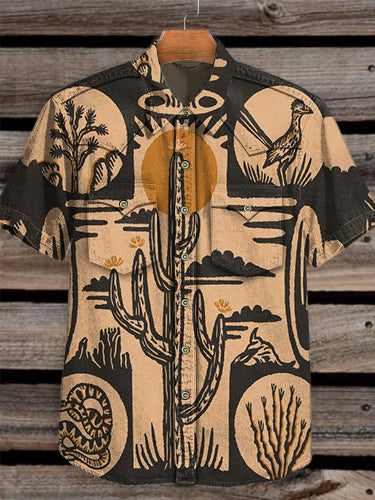 Unisex Western Animal Cactus Art Vintage Print Casual Cotton Shirt