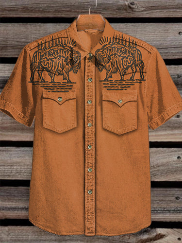 Unisex Vintage Western Cattle Art Vintage Print Casual Cotton Shirt