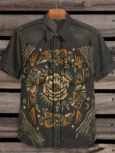 Unisex Vintage Western Flowers Art Vintage Print Casual Cotton Shirt