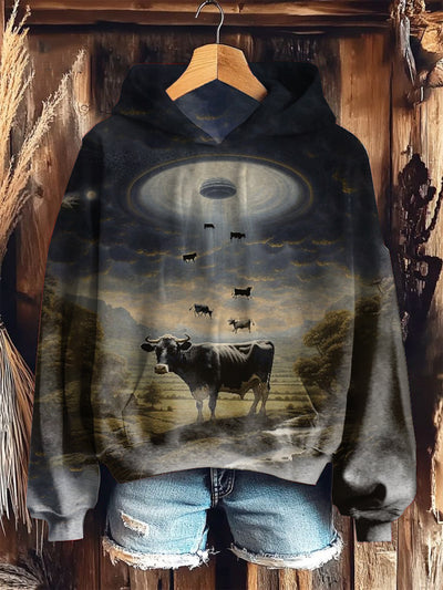 Unisex Retro Spaceship Cow Art Illustration Printed Hooded Long Sleeve Sweatshirt