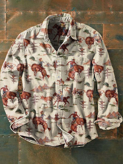 Men's Vintage Western Cowboy Print Casual Long Sleeve Shirt