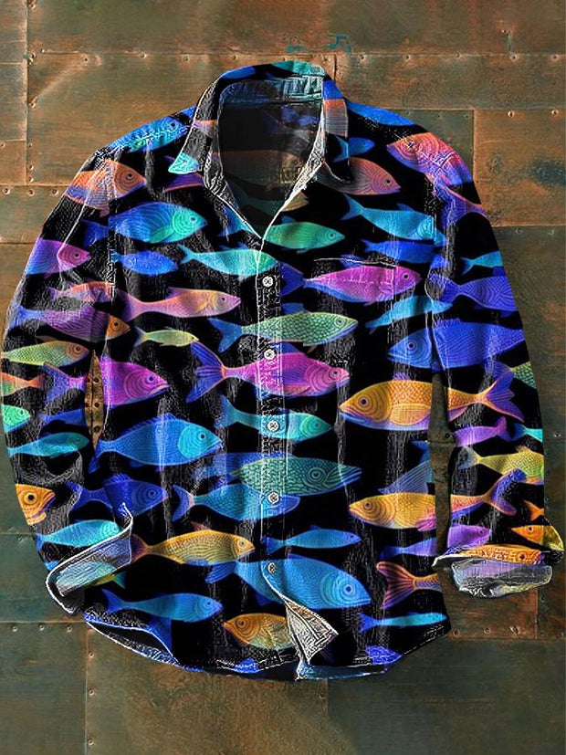 Men's Colorful Fish Print Casual Long Sleeve Shirt