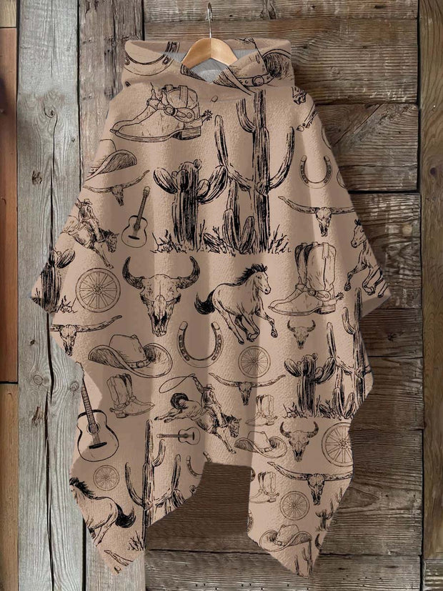 Western Cowboy Print Hooded Warm Shawl