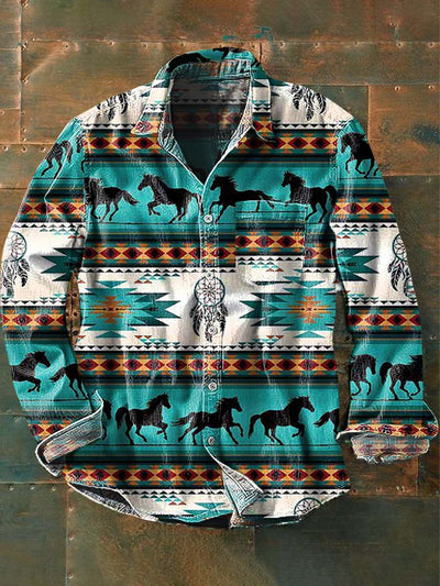 Men's Vintage Western Cowboy Print Casual Long Sleeve Shirt