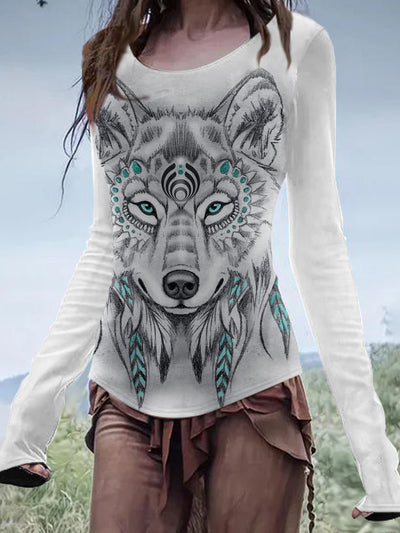 Women's Wolf Head Art Printed Casual Long Sleeve T-shirt