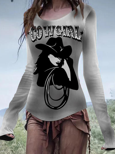 Women's Cowboy Girl Printed Casual Retro Long Sleeve T-shirt