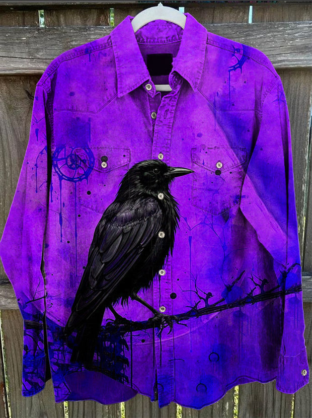 Unisex Men's Vintage Dark Purple Raven Cotton Casual Beach Long Sleeve Shirt