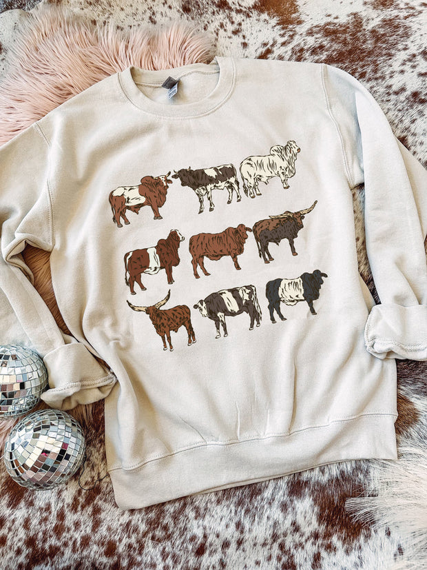 Unisex Vintage Western Cowboy Alpine Cow Printed Crew-Neck Retro Fashion Loose Long Sleeved Sweatshirt