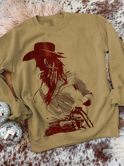 Unisex Vintage Western Cowboy Women Printed Crew-Neck Retro Fashion Loose Long Sleeved Sweatshirt