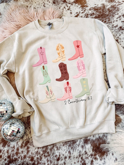 Vintage Western Colored Boots Printed Crew-Neck Retro Fashion Loose Long Sleeved Sweatshirt