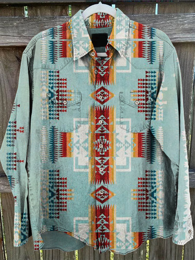 Unisex Men's Vintage Western Ethnic Print Cotton Casual Beach Long Sleeve Shirt