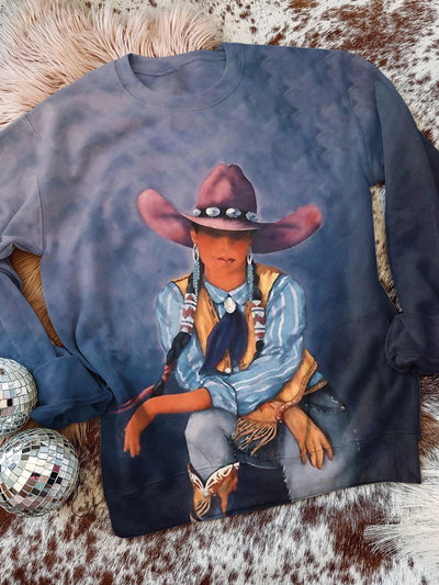 Unisex Vintage Western Cowboy Howdy Printed Crew-Neck Retro Fashion Loose Long Sleeved Sweatshirt