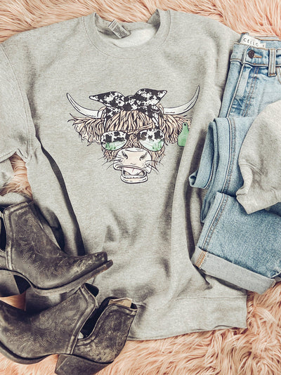 Unisex Vintage Western Bow Cow Printed Crew-Neck Retro Fashion Loose Long Sleeved Sweatshirt