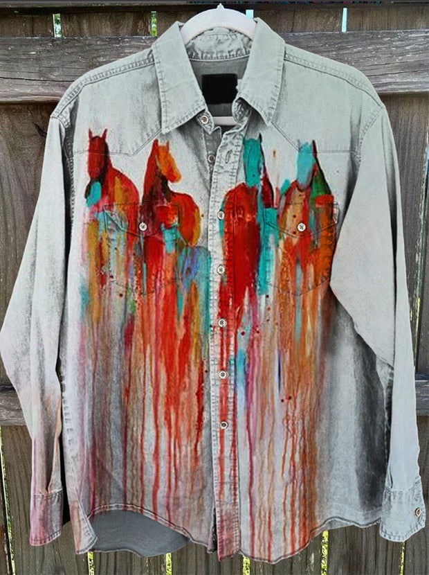 Unisex Men's Vintage Western Ethnic Horse Abstract Print Cotton Casual Beach Long Sleeve Shirt