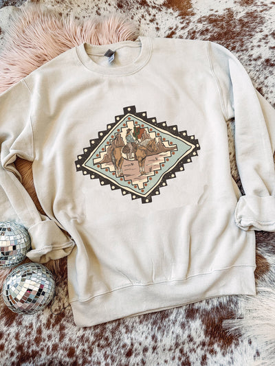 Unisex Vintage Western Cowboy Horse Printed Crew-Neck Retro Fashion Loose Long Sleeved Sweatshirt