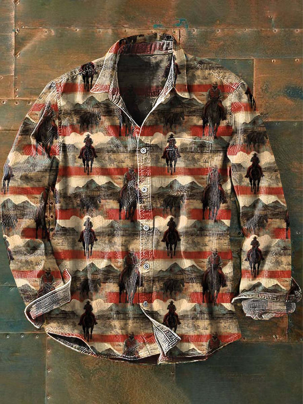 Men's Western Cowboy Vintage Print Casual Long Sleeve Shirt