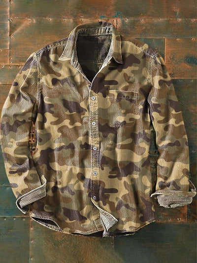 Mens Vintage Camouflage Print Casual Long Sleeve Shirt